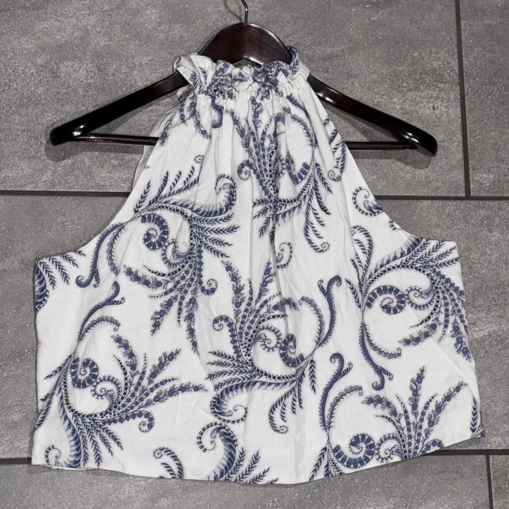 Banana Republic Halter Top Womens 16 White Blue Excellent Linen Blend Paisley - Picture 2 of 8